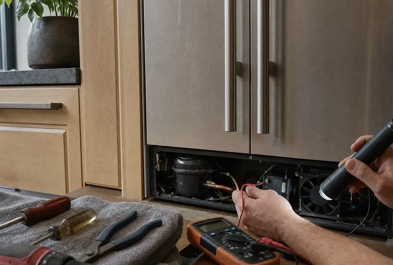 Stainless two-door refrigerator with its lower grille off, a work light and meter at the condenser and tools on a towel