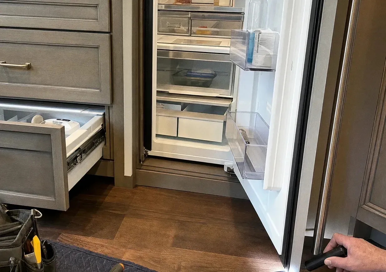 Pulled-out drawer holding an ice bin and its parts, with a refrigerator door open behind showing shelves and door bins