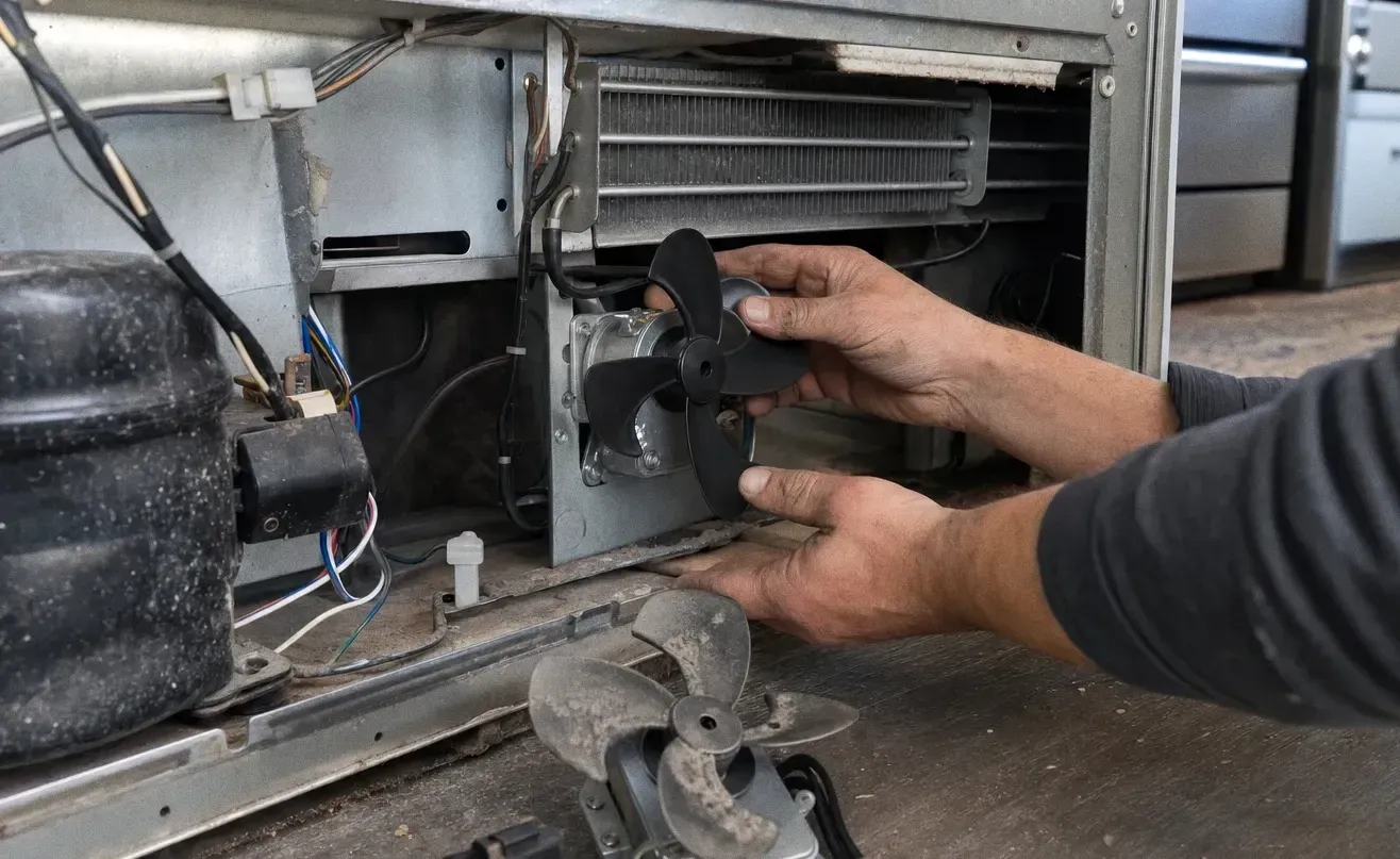 Evaporator fan assembly lifted clear of its housing with the blade held in one hand